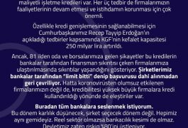 TOBB Başkanı Sn.Rifat Hisarcıklıoğlu bankalara çağrıda bulundu;